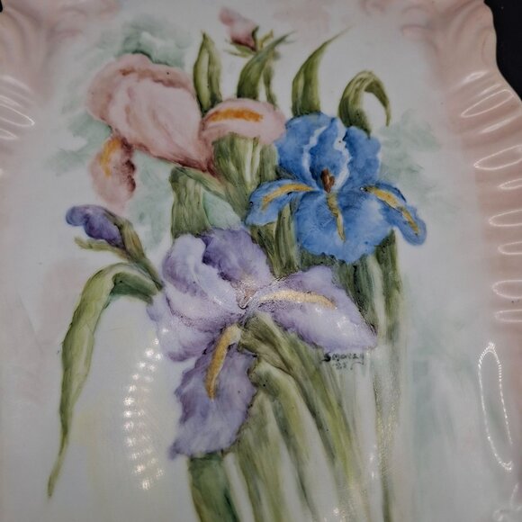 Decorative Hand-Painted Porcelain Floral Tray Signed By Smorey 1985 Iris Pattern - Picture 2 of 7